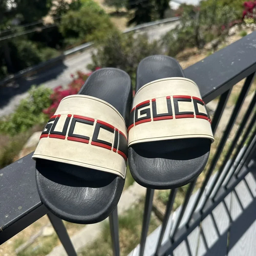 Gucci | Shoes | Gucci Pursuit Stripe Slides White W Blue Red  display picture 1